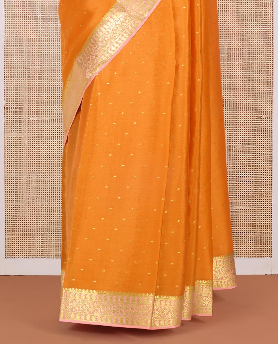 Orange zari buttas Mysore silk saree, contrast traditional zari border and jaal pallu