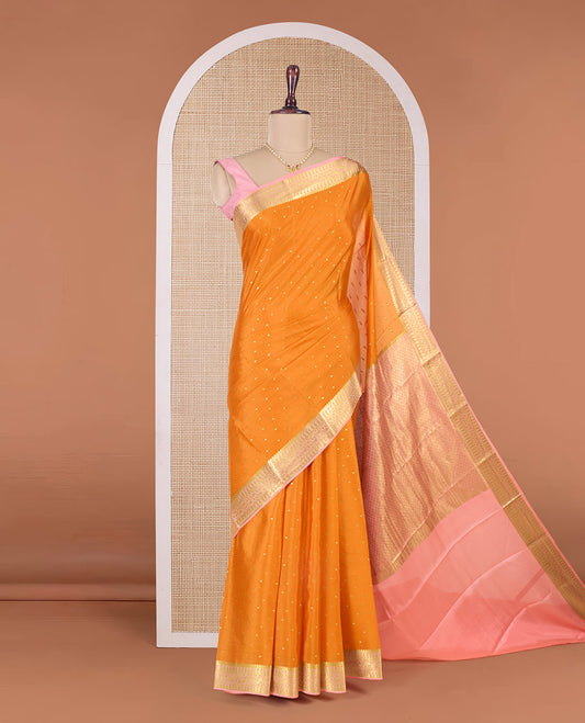 Orange zari buttas Mysore silk saree, contrast traditional zari border and jaal pallu