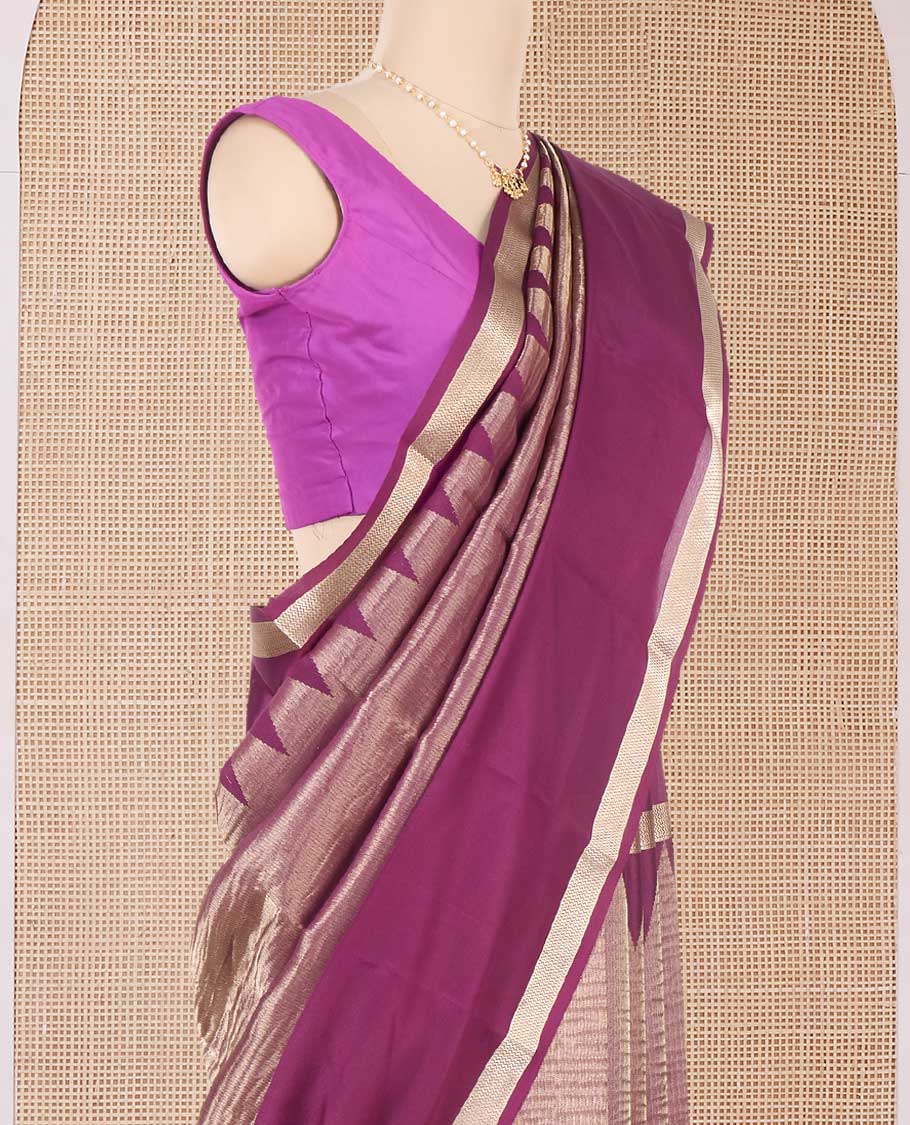 Purple plain shimmer Mysore silk saree, rettai pettu temple border, and Pichwai cow motifs zari pallu