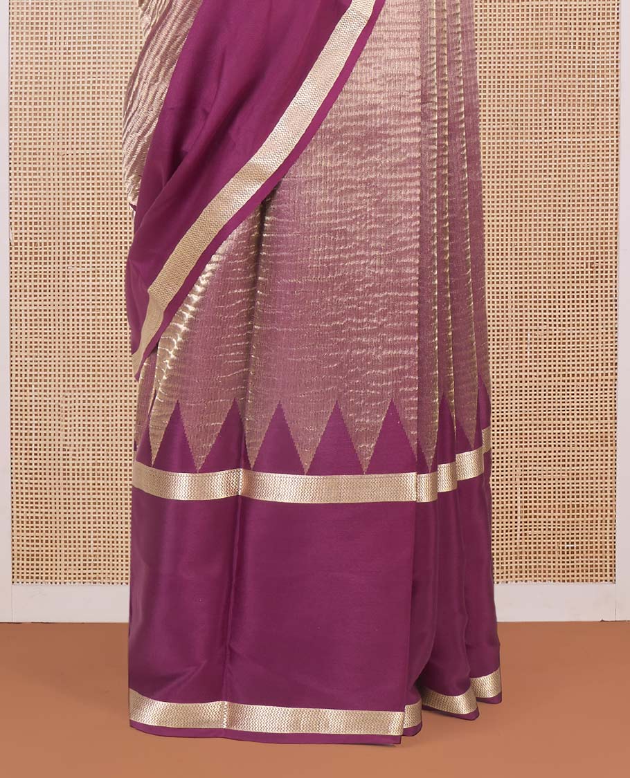 Purple plain shimmer Mysore silk saree, rettai pettu temple border, and Pichwai cow motifs zari pallu