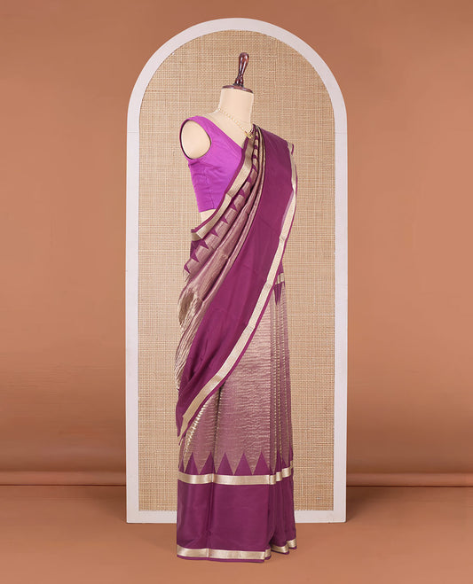 Purple plain shimmer Mysore silk saree, rettai pettu temple border, and Pichwai cow motifs zari pallu