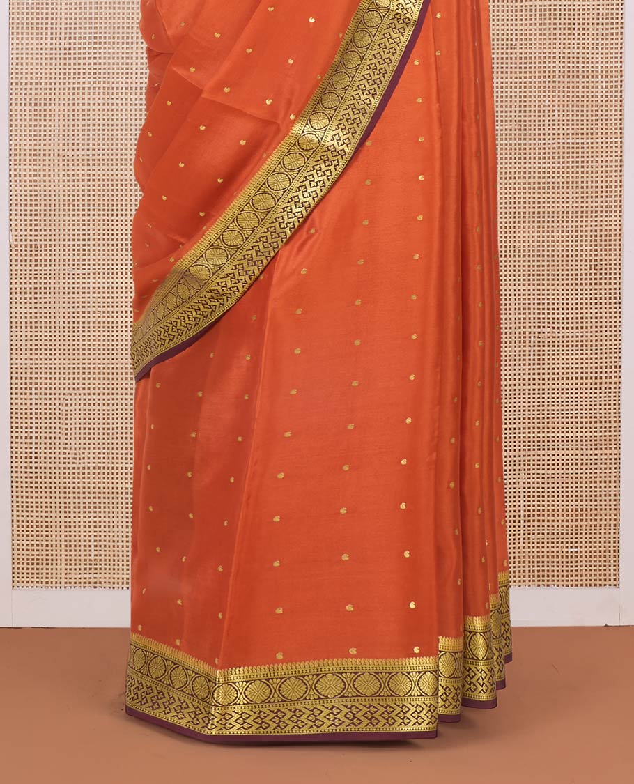 Orange zari buttas Mysore silk saree, contrast traditional zari design border, and intricate pallu