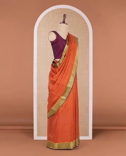 Orange zari buttas Mysore silk saree, contrast traditional zari design border, and intricate pallu