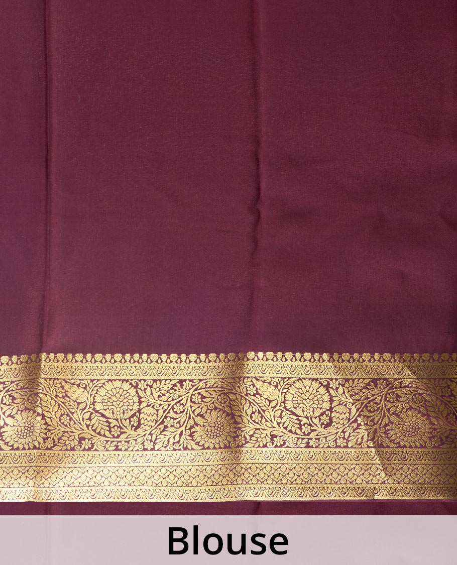 Orange zari buttas Mysore silk saree, contrast traditional zari design border, and intricate paisleys pallu