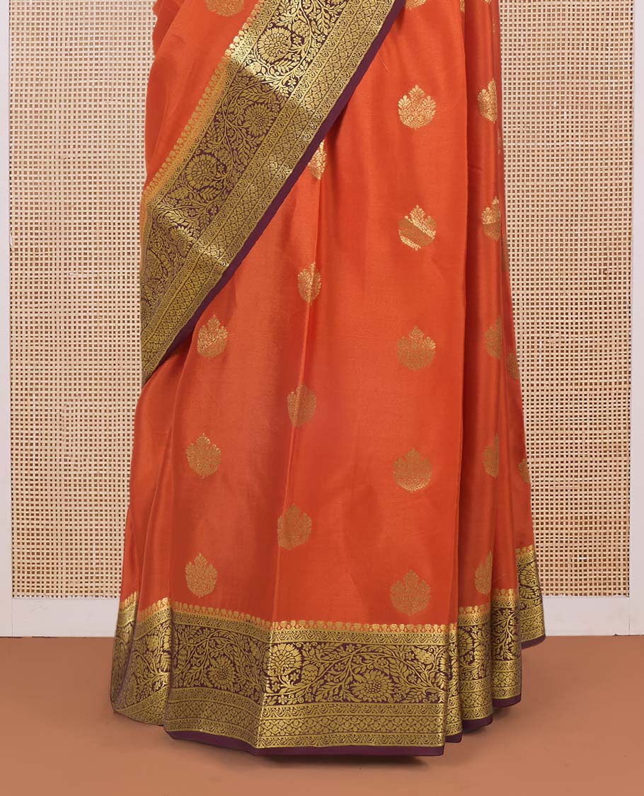 Orange zari buttas Mysore silk saree, contrast traditional zari design border, and intricate paisleys pallu