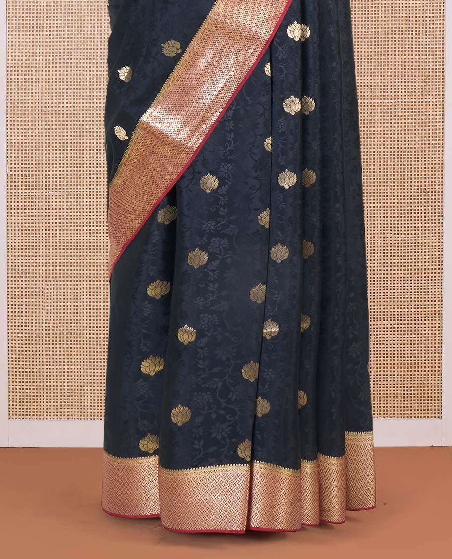 Black floral vine embossed and zari buttas Mysore silk saree, contrast traditional zari design border, and pallu