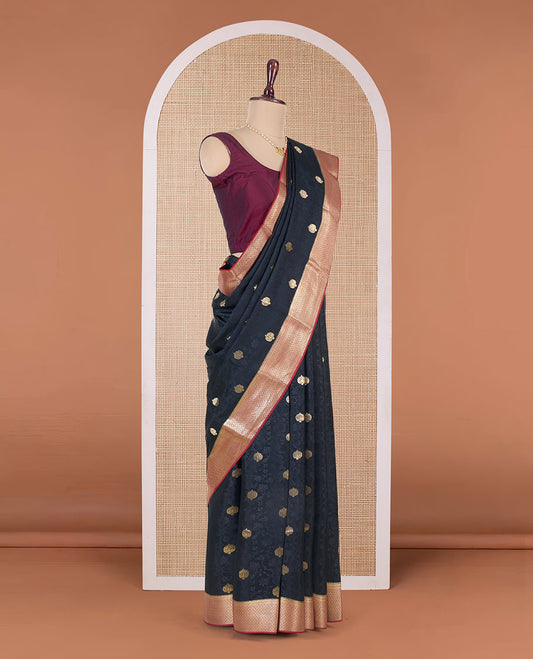 Black floral vine embossed and zari buttas Mysore silk saree, contrast traditional zari design border, and pallu