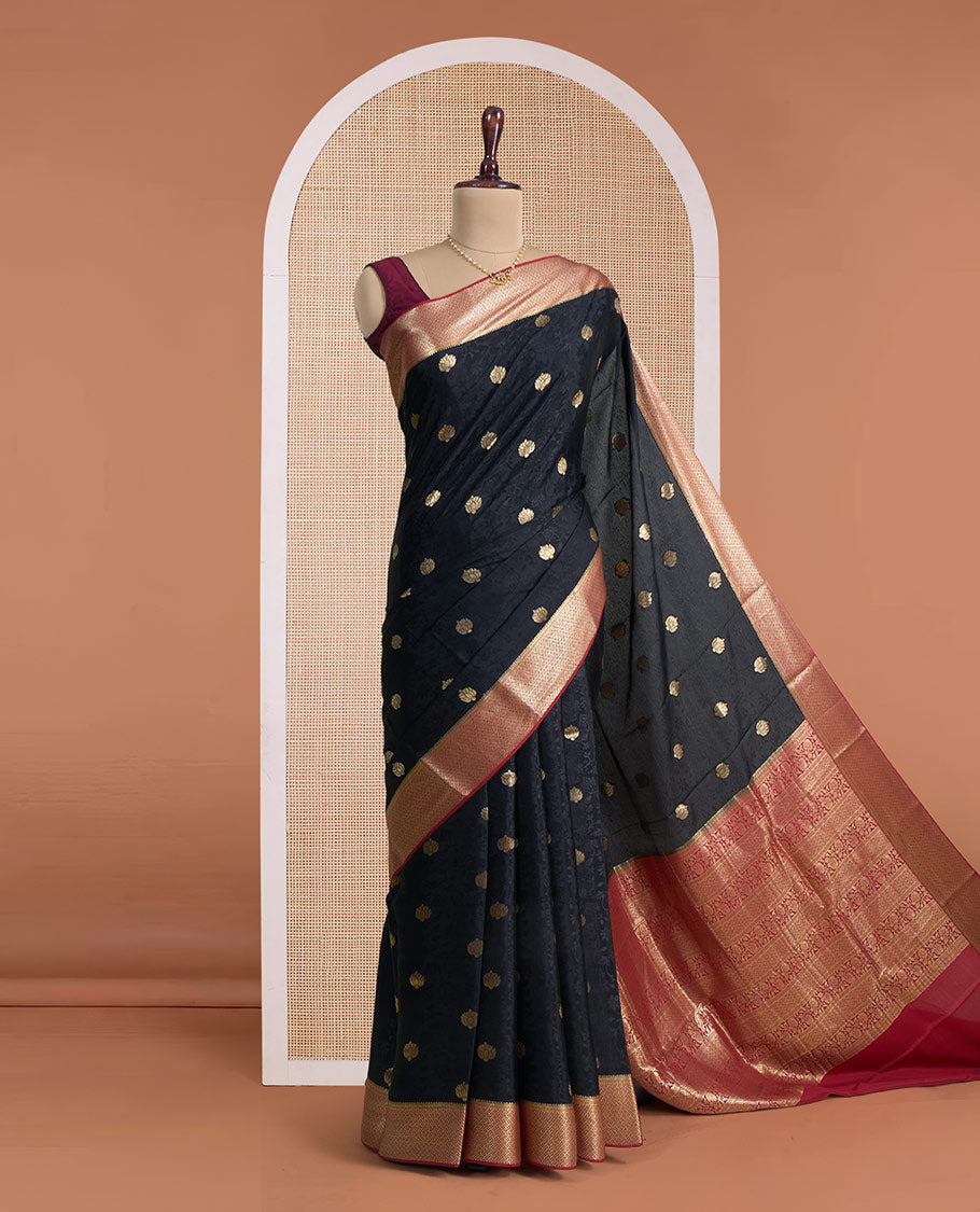 Black floral vine embossed and zari buttas Mysore silk saree, contrast traditional zari design border, and pallu