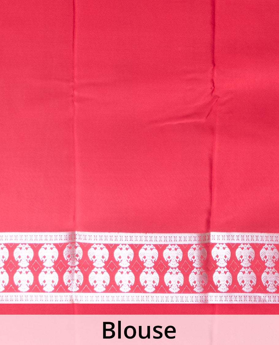 Red plain Mysore silk saree, two-headed eagle zari woven border, and pallu of two-headed eagle motifs