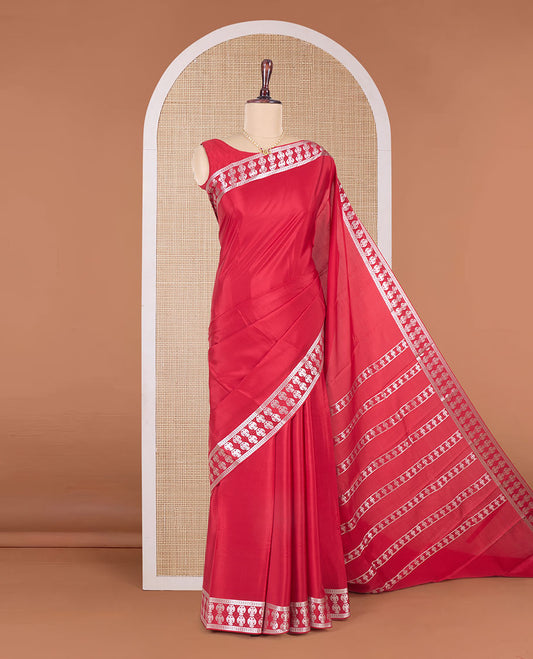 Red plain Mysore silk saree, two-headed eagle zari woven border, and pallu of two-headed eagle motifs