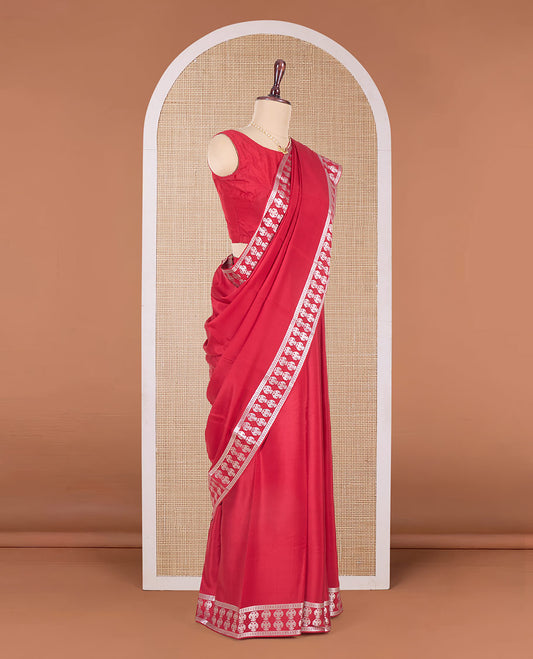 Red plain Mysore silk saree, two-headed eagle zari woven border, and pallu of two-headed eagle motifs
