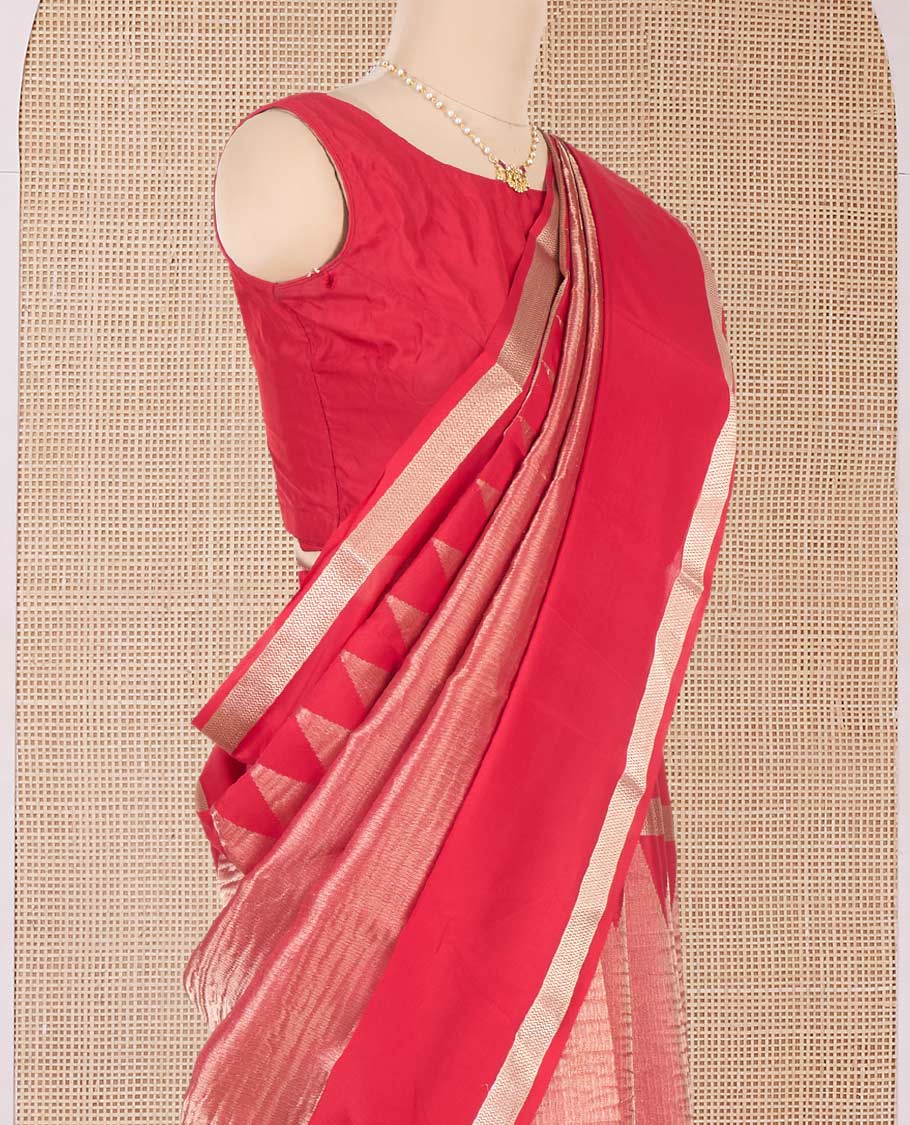 Red plain shimmer Mysore silk saree, rettai pettu temple border, and Pichwai cow motifs zari pallu