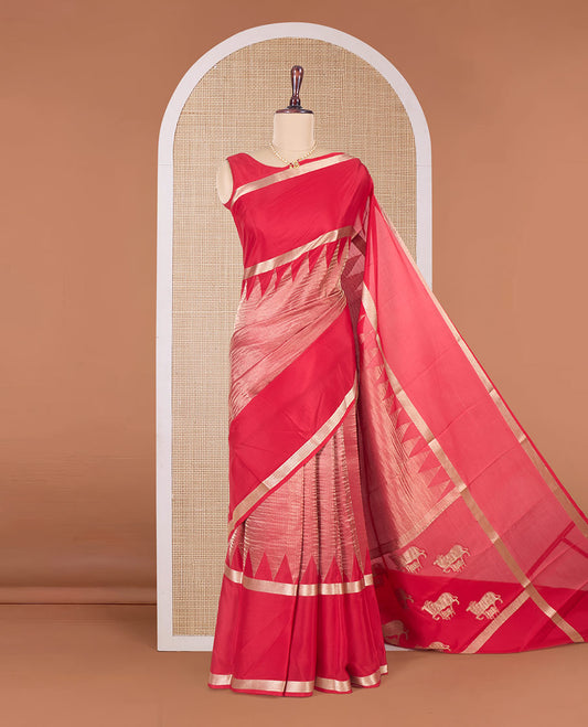 Red plain shimmer Mysore silk saree, rettai pettu temple border, and Pichwai cow motifs zari pallu