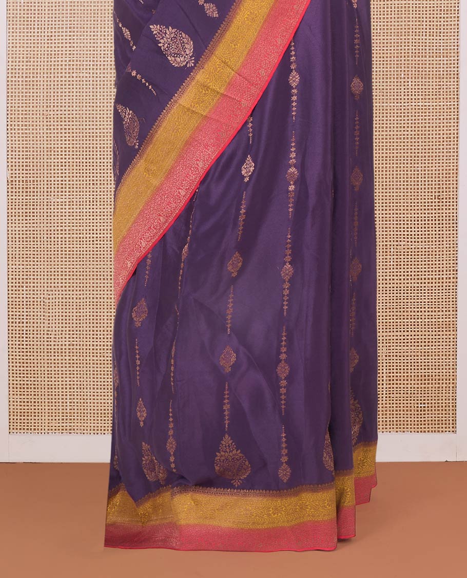 Purple zari buttas Mysore silk saree, contrast floral creeper zari border, and intricate paisley design pallu