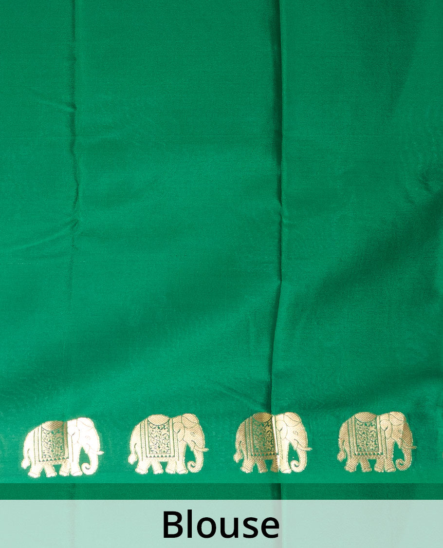 Green plain Mysore silk saree with elephant motifs zari border, and pallu of miniatures of elephant motifs
