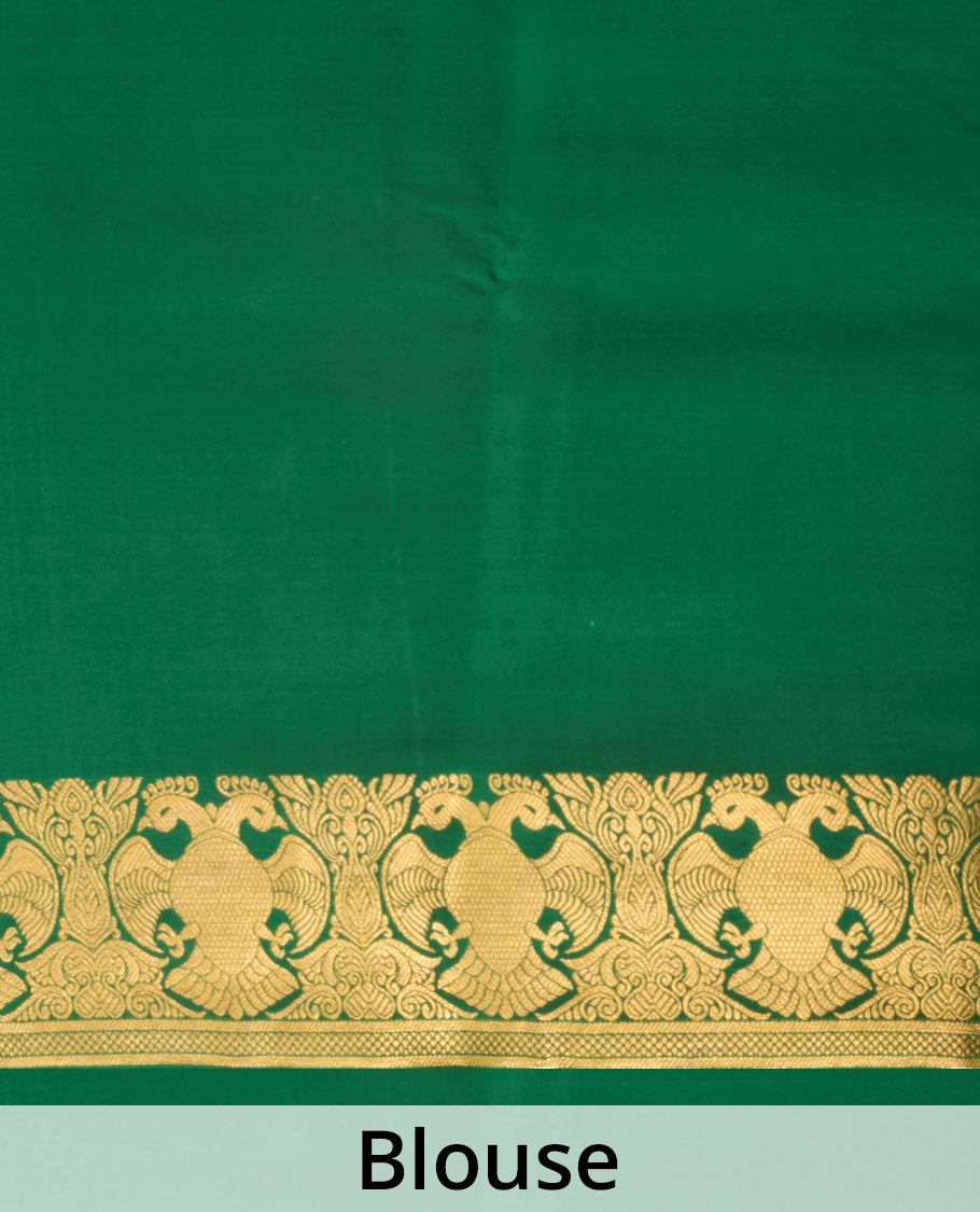 Green plain Mysore silk saree, two-headed eagle motifs zari woven border, and pallu steeped with two-headed eagle motifs