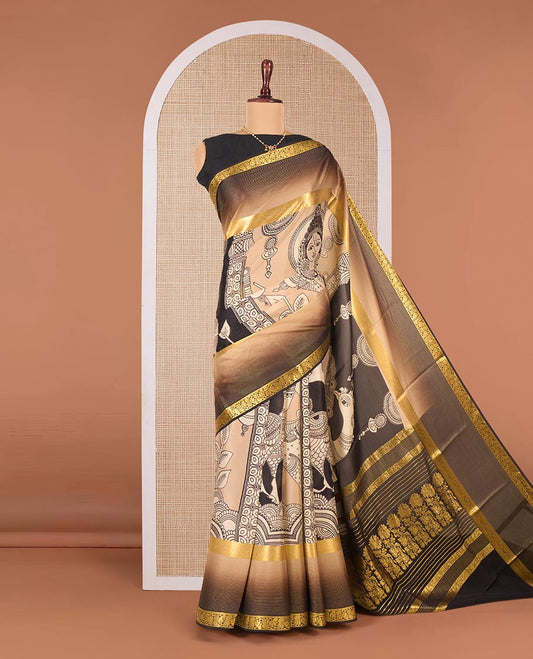 Sandal base kalamkari human motifs printed Mysore silk saree, contrast traditional zari border, and pallu of floral designs