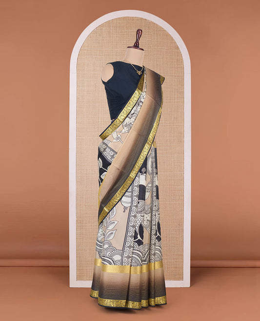 Sandal base kalamkari human motifs printed Mysore silk saree, contrast traditional zari border, and pallu of floral designs