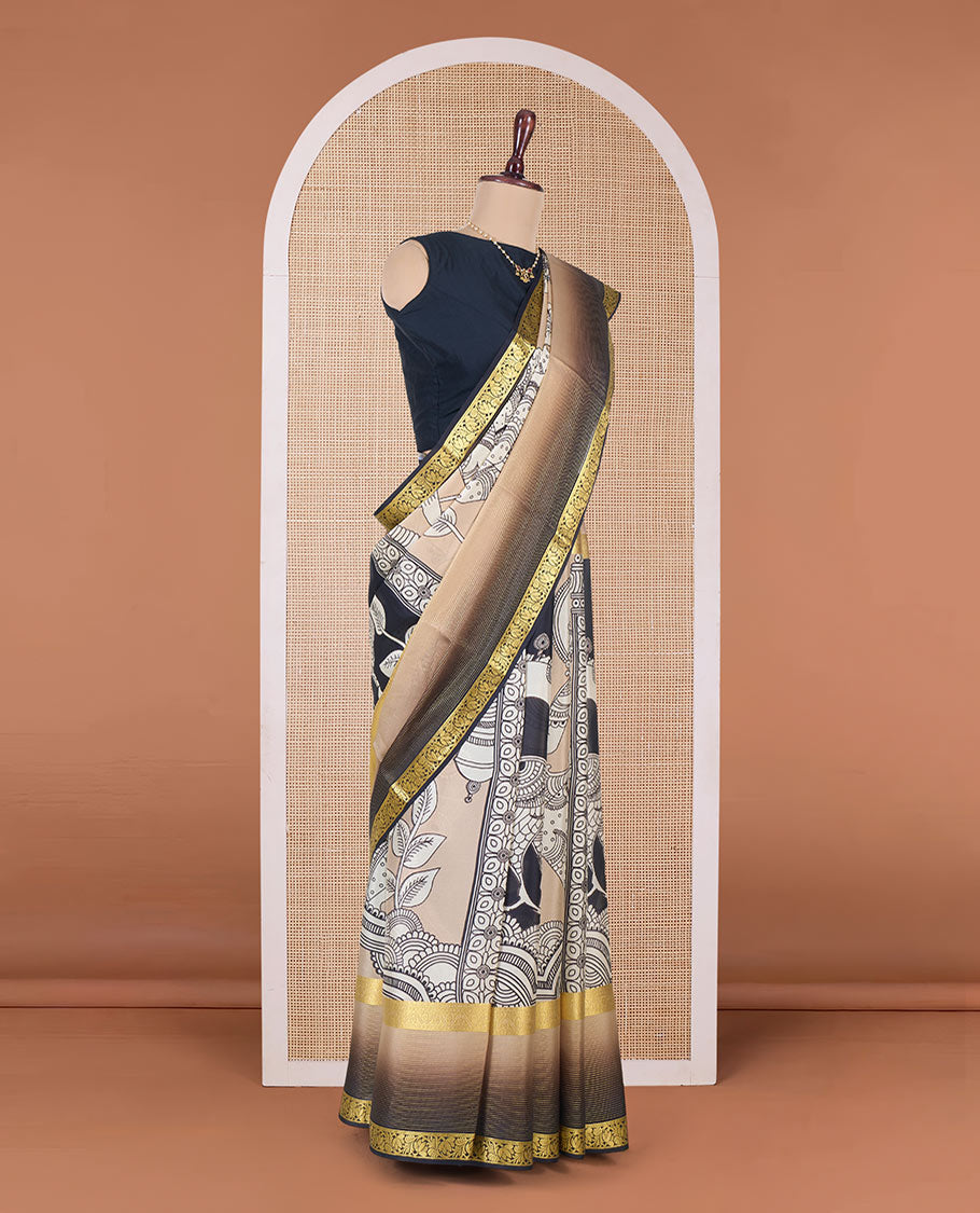 Sandal base kalamkari human motifs printed Mysore silk saree, contrast traditional zari border, and pallu of floral designs