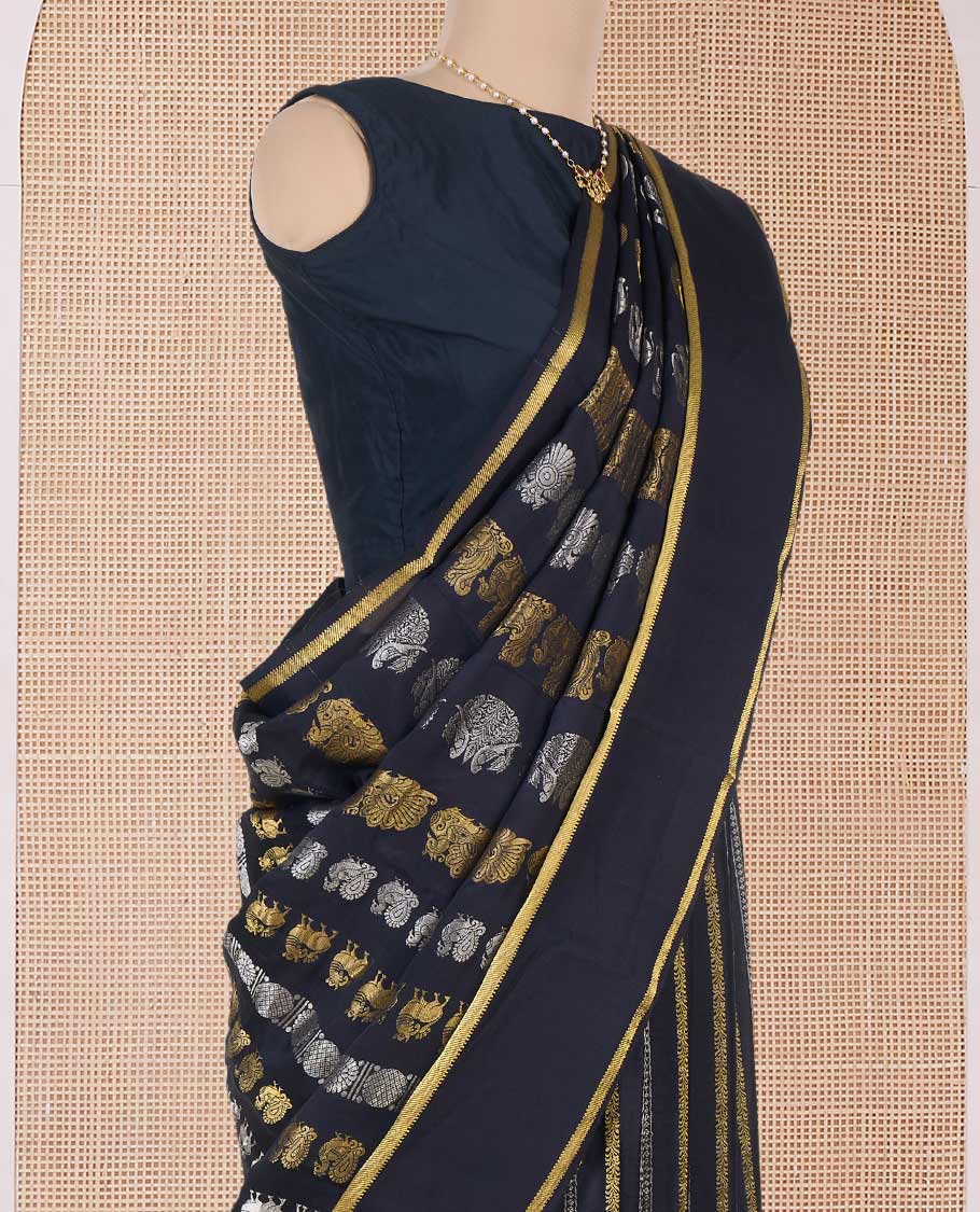Black peacock and parrot motifs zari woven Mysore silk saree, traditional rettai pettu border, and intricate pallu