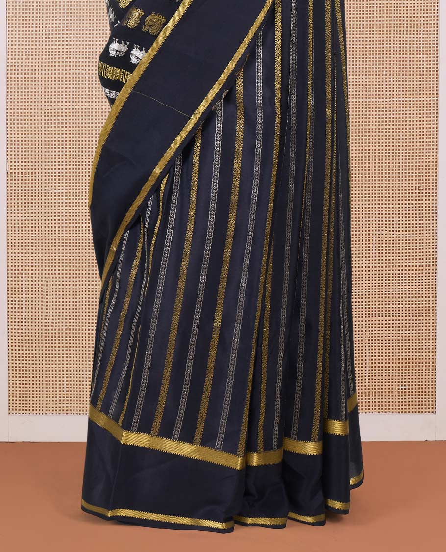 Black peacock and parrot motifs zari woven Mysore silk saree, traditional rettai pettu border, and intricate pallu