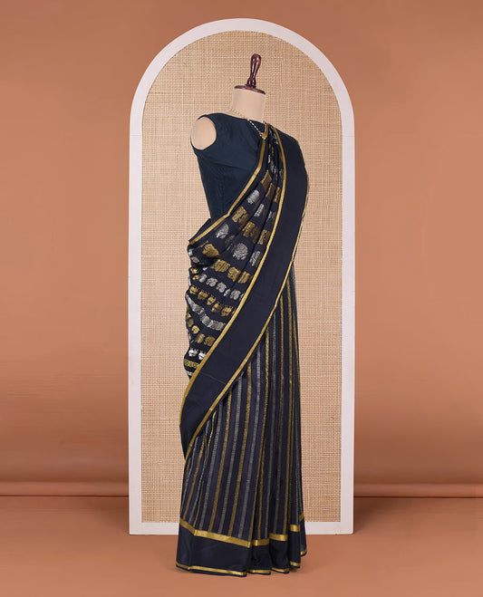 Black peacock and parrot motifs zari woven Mysore silk saree, traditional rettai pettu border, and intricate pallu