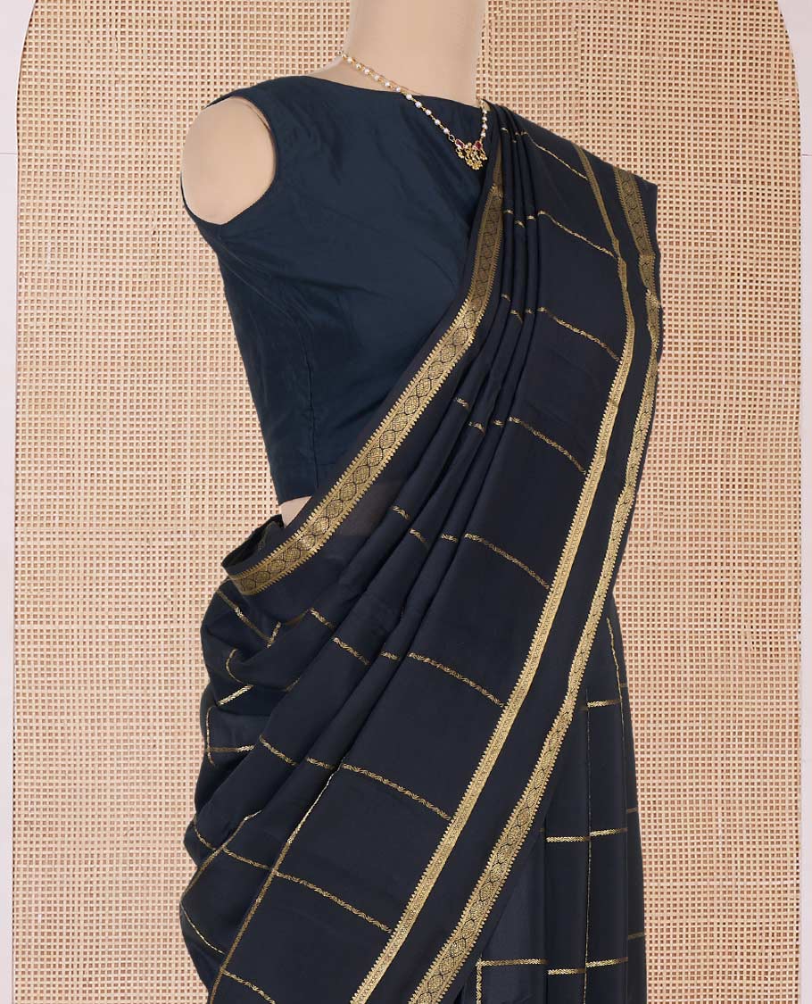 Black zari checked Mysore silk saree, traditional rettai pettu border, and traditional zari designs pallu