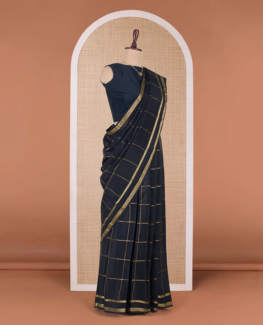 Black zari checked Mysore silk saree, traditional rettai pettu border, and traditional zari designs pallu