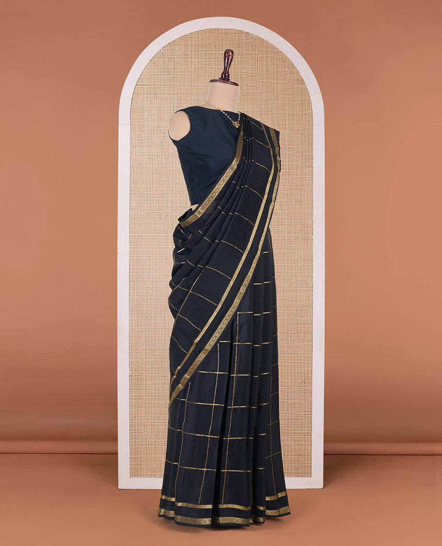 Black zari checked Mysore silk saree, traditional rettai pettu border, and traditional zari designs pallu