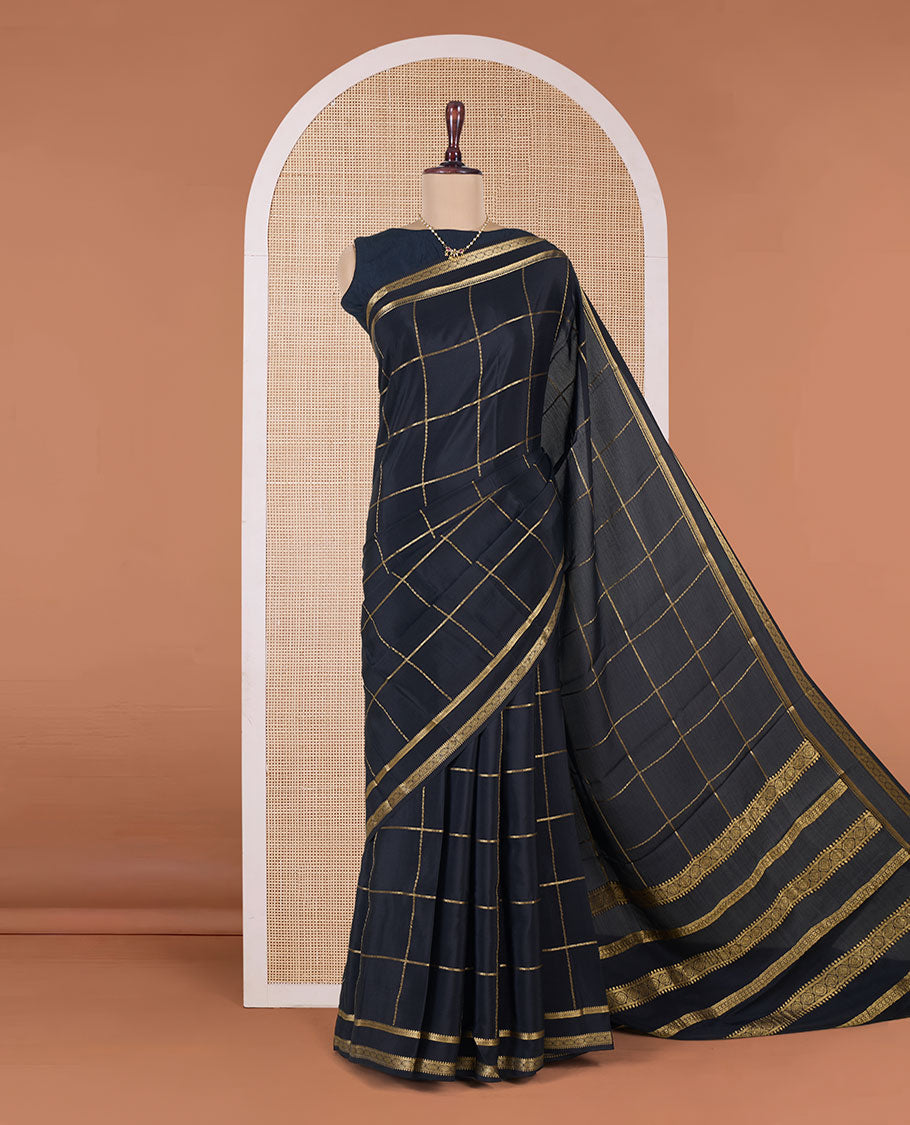 Black zari checked Mysore silk saree, traditional rettai pettu border, and traditional zari designs pallu