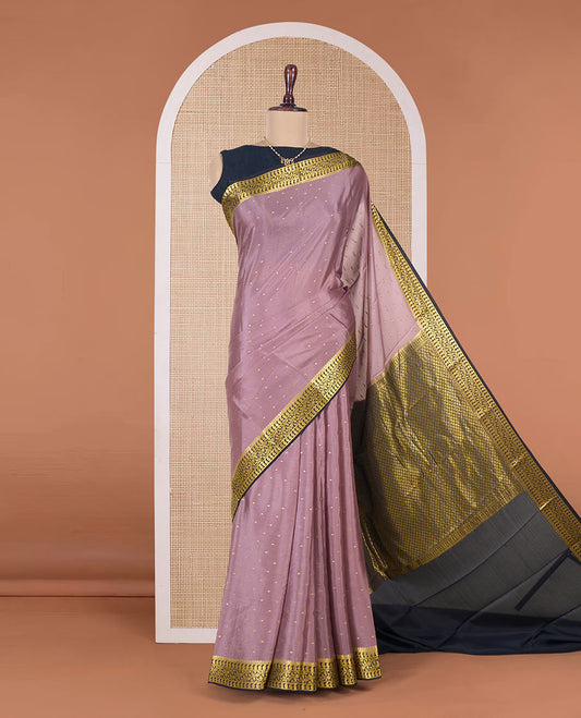 Onion pink zari buttas Mysore silk saree, contrast traditional zari border, and pallu of intricate designs