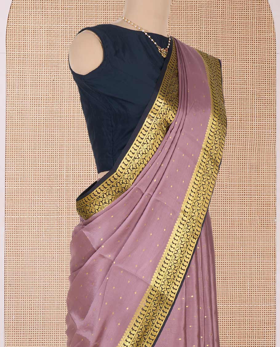 Onion pink zari buttas Mysore silk saree, contrast traditional zari border, and pallu of intricate designs