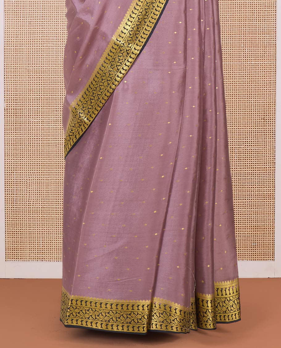 Onion pink zari buttas Mysore silk saree, contrast traditional zari border, and pallu of intricate designs