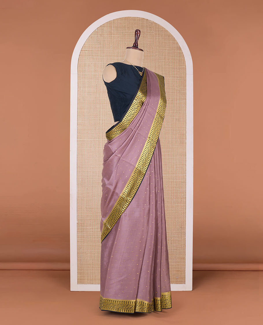 Onion pink zari buttas Mysore silk saree, contrast traditional zari border, and pallu of intricate designs