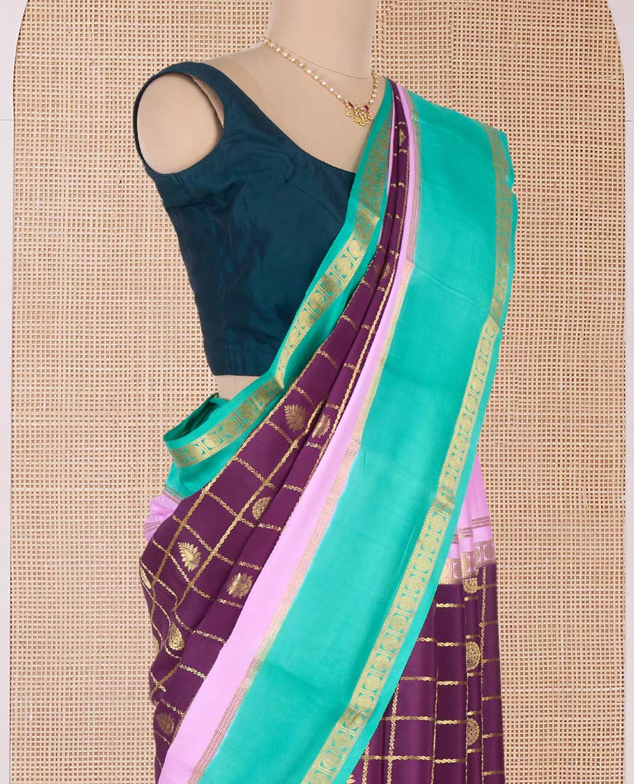 Purple buttas enclosed checked Mysore silk saree, contrast traditional zari border and pallu of zari designs