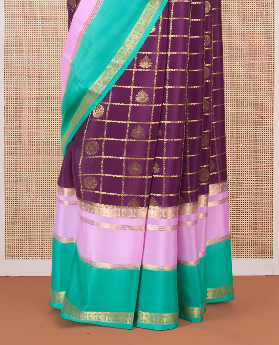 Purple buttas enclosed checked Mysore silk saree, contrast traditional zari border and pallu of zari designs