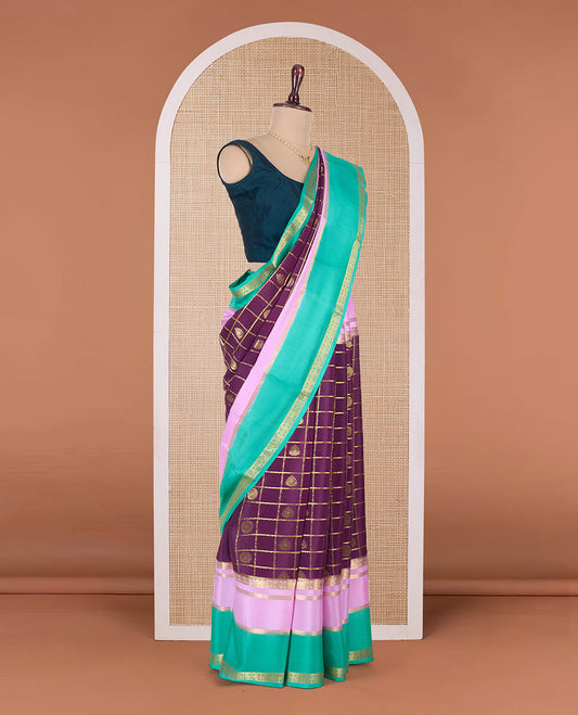 Purple buttas enclosed checked Mysore silk saree, contrast traditional zari border and pallu of zari designs