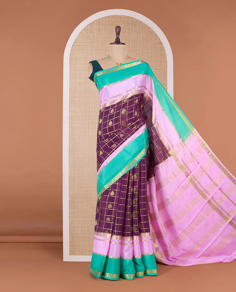 Purple buttas enclosed checked Mysore silk saree, contrast traditional zari border and pallu of zari designs