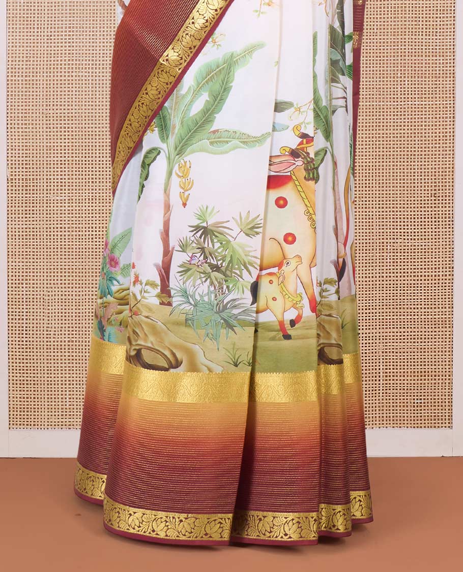 Multi-color auspicious Pichwai theme printed Mysore silk saree, contrast traditional zari border, and pallu of floral zari designs
