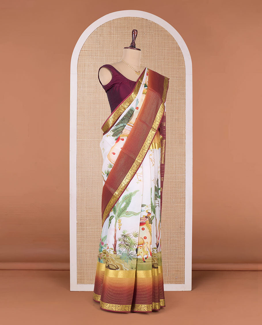 Multi-color auspicious Pichwai theme printed Mysore silk saree, contrast traditional zari border, and pallu of floral zari designs