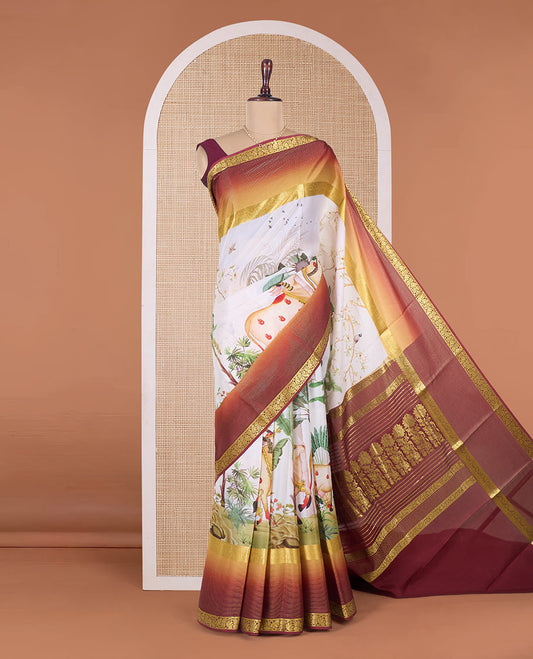 Multi-color auspicious Pichwai theme printed Mysore silk saree, contrast traditional zari border, and pallu of floral zari designs