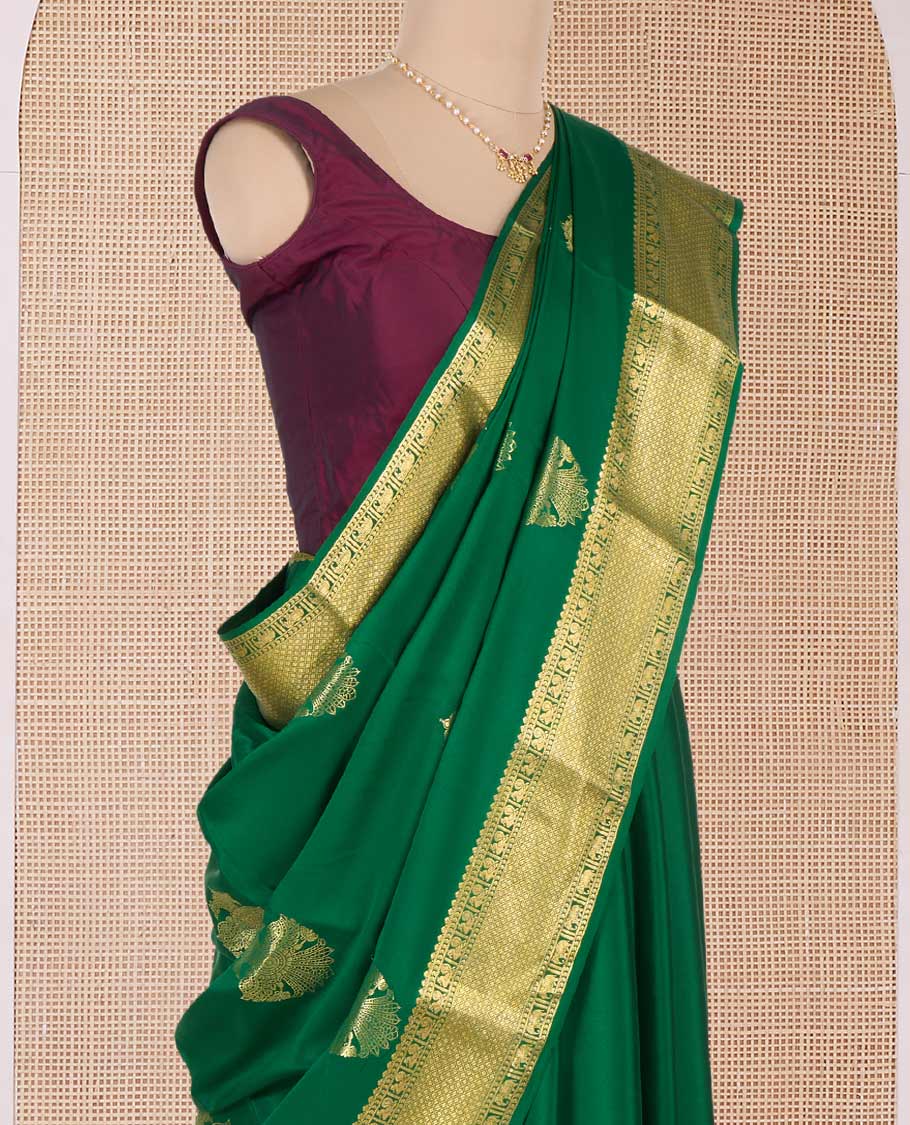 Green two-headed eagle motifs zari woven Mysore silk saree, traditional zari border, and contrast intricate pallu