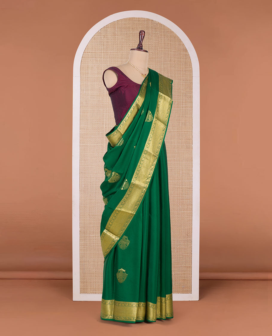 Green two-headed eagle motifs zari woven Mysore silk saree, traditional zari border, and contrast intricate pallu