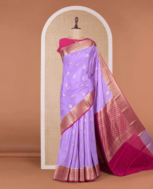 Lavender zari buttas Mysore silk saree, contrast traditional zari border and intricate pallu