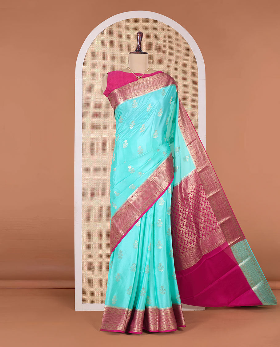 Green zari buttas Mysore silk saree, contrast traditional zari border, and jaal pallu