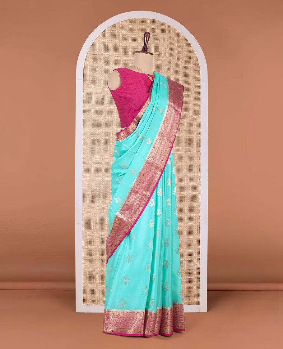Green zari buttas Mysore silk saree, contrast traditional zari border, and jaal pallu