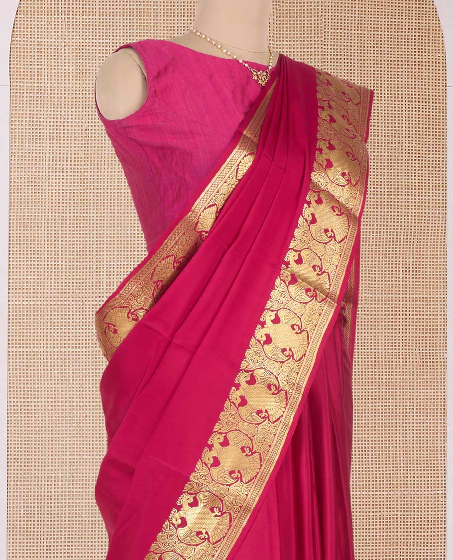 Pink plain Mysore silk saree, two-headed eagle motifs zari woven border, and pallu