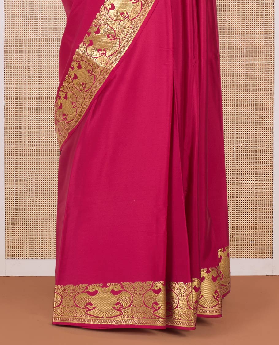 Pink plain Mysore silk saree, two-headed eagle motifs zari woven border, and pallu