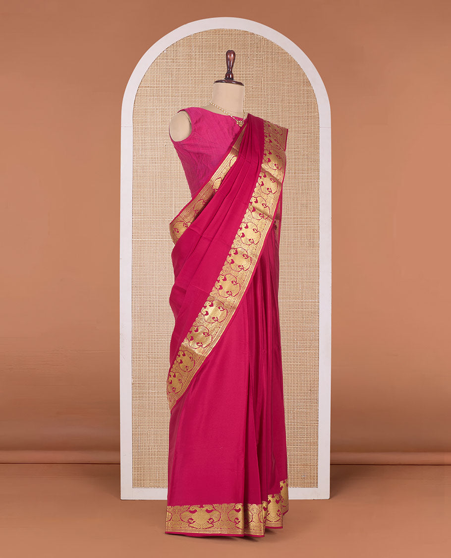 Pink plain Mysore silk saree, two-headed eagle motifs zari woven border, and pallu