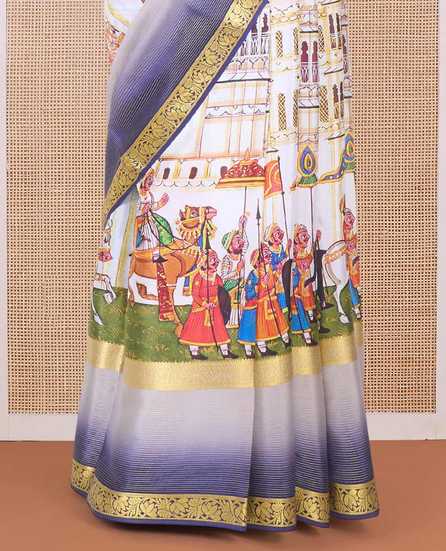 Multi-color Mughal style historical stories printed Mysore silk saree, contrast traditional zari border, and floral zari design pallu